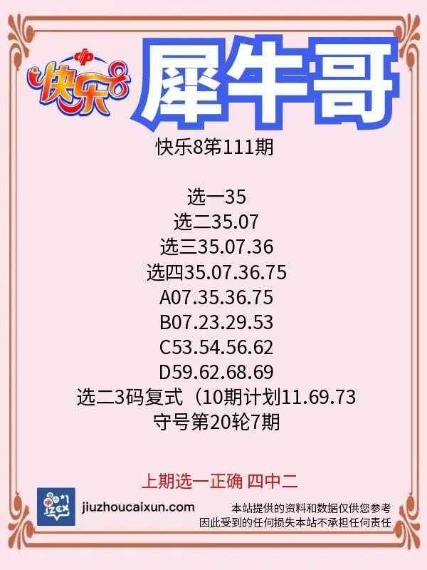 犀牛哥2025年05月01日快乐8、3D、双色球、大乐透、排列3排列5推荐！